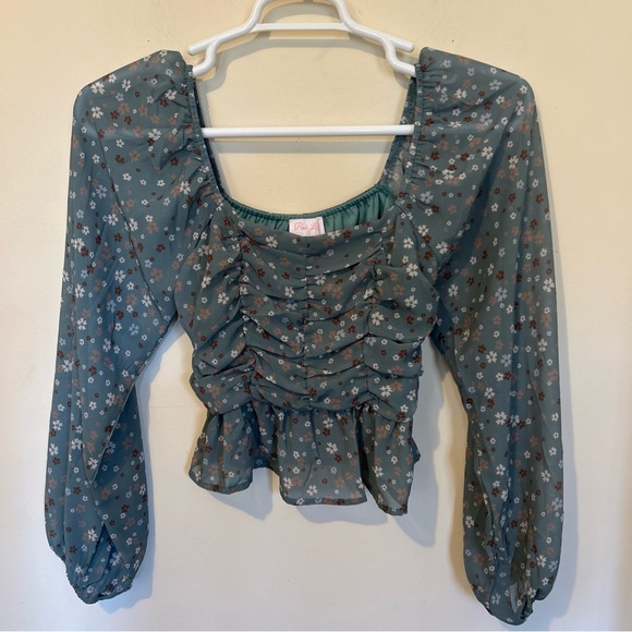 Pink Lily Blouse Shirt Top Women’s Junior Small Green Floral Smocked Boho Fairy - Picture 2 of 11